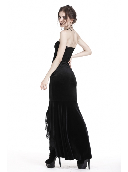 Black Gothic Frill Lace Fishtail Hem Velvet Tight Maxi Skirt