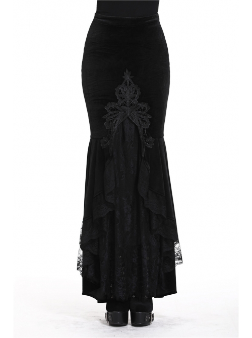 Black Gothic Frill Lace Fishtail Hem Velvet Tight Maxi Skirt