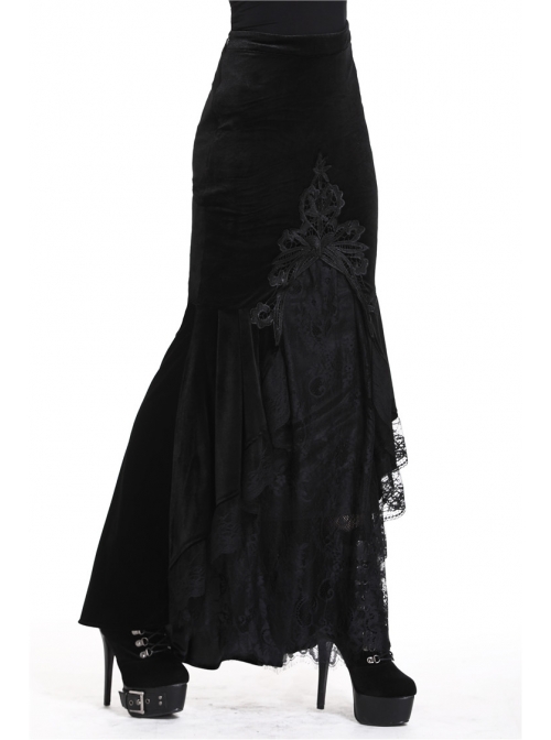 Black Gothic Frill Lace Fishtail Hem Velvet Tight Maxi Skirt