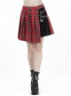 Red Punk Metal Eyelets Strap Irregular Hem Pleated Grid Skirt