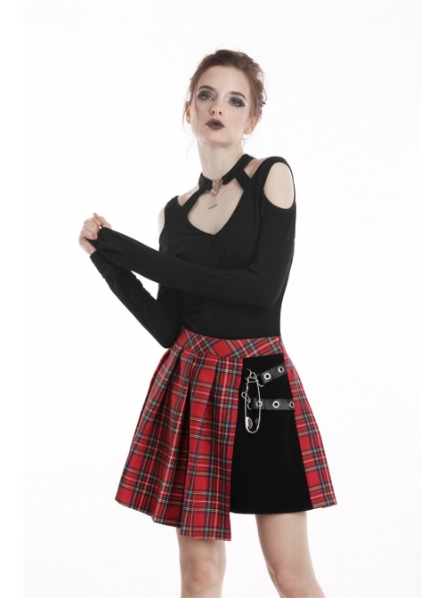 Red Punk Metal Eyelets Strap Irregular Hem Pleated Grid Skirt