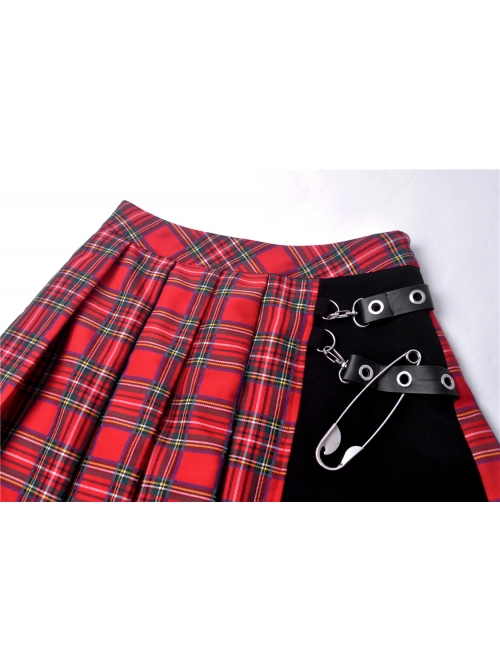 Red Punk Metal Eyelets Strap Irregular Hem Pleated Grid Skirt