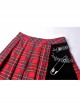 Red Punk Metal Eyelets Strap Irregular Hem Pleated Grid Skirt