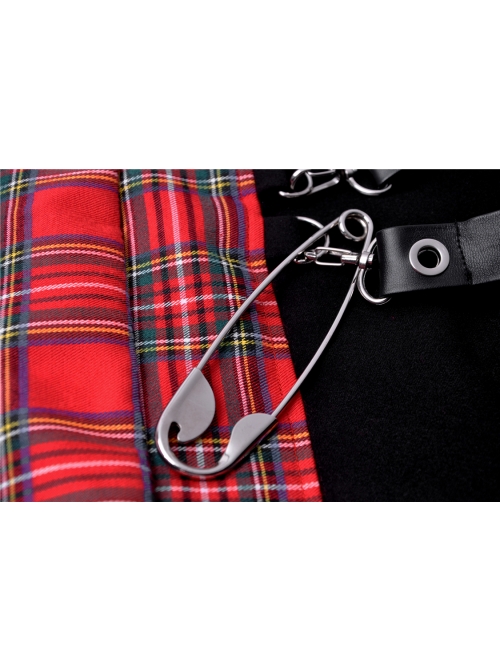 Red Punk Metal Eyelets Strap Irregular Hem Pleated Grid Skirt