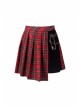 Red Punk Metal Eyelets Strap Irregular Hem Pleated Grid Skirt