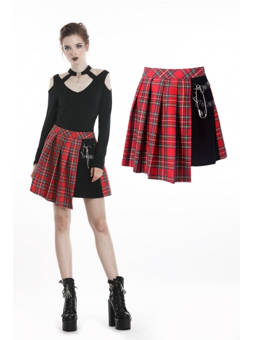 Red Punk Metal Eyelets Strap Irregular Hem Pleated Grid Skirt