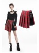 Red Punk Metal Eyelets Strap Irregular Hem Pleated Grid Skirt
