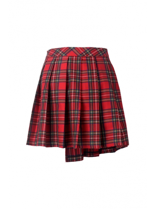 Red Punk Metal Eyelets Strap Irregular Hem Pleated Grid Skirt