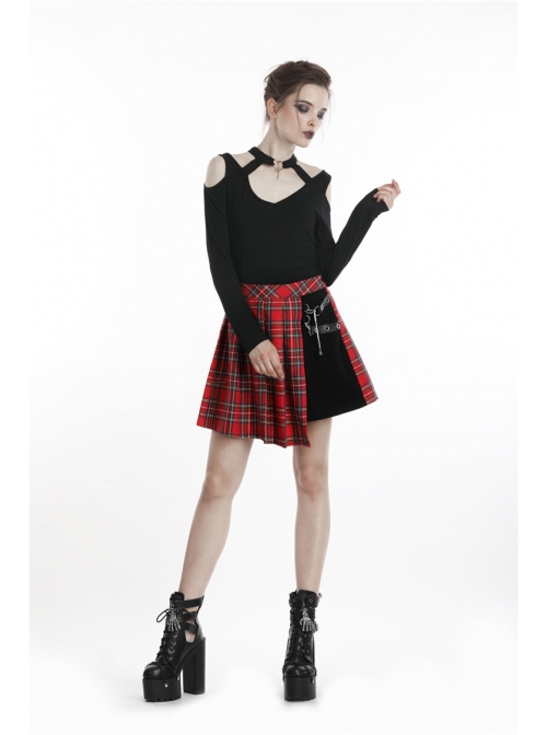 Red Punk Metal Eyelets Strap Irregular Hem Pleated Grid Skirt