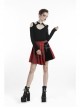 Red Punk Metal Eyelets Strap Irregular Hem Pleated Grid Skirt