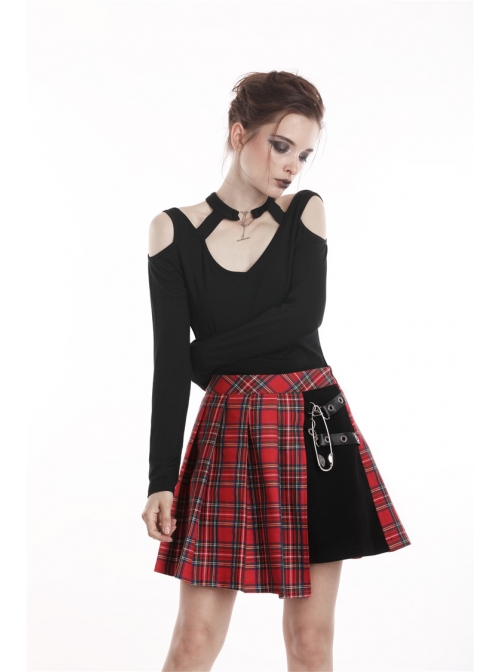 Red Punk Metal Eyelets Strap Irregular Hem Pleated Grid Skirt