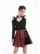 Red Punk Metal Eyelets Strap Irregular Hem Pleated Grid Skirt