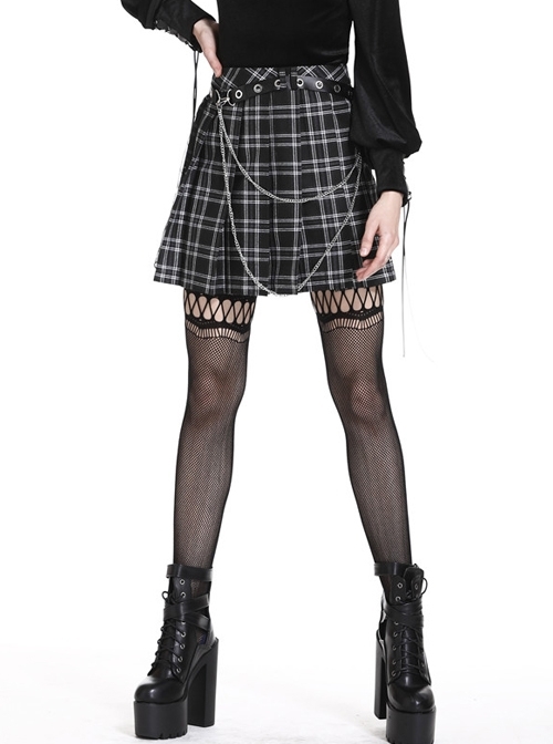 Star Embroidery Metal Eyelets Belt Chain Black Punk Pleated Grid Skirt