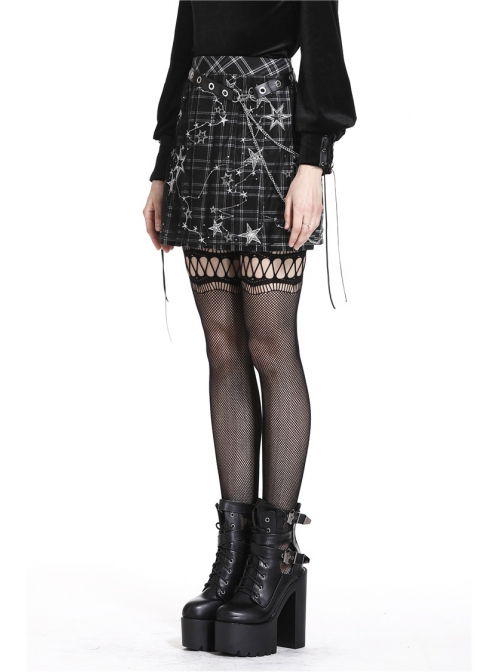 Star Embroidery Metal Eyelets Belt Chain Black Punk Pleated Grid Skirt