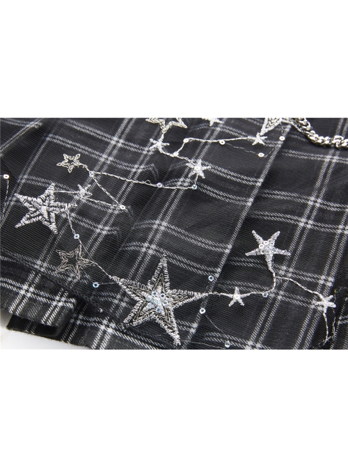 Star Embroidery Metal Eyelets Belt Chain Black Punk Pleated Grid Skirt