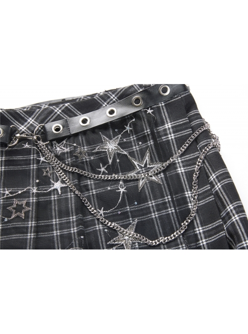 Star Embroidery Metal Eyelets Belt Chain Black Punk Pleated Grid Skirt