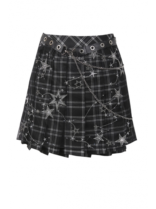 Star Embroidery Metal Eyelets Belt Chain Black Punk Pleated Grid Skirt
