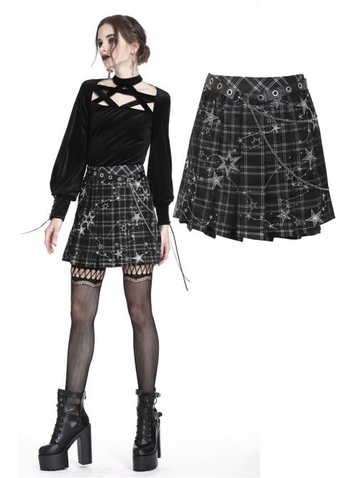 Star Embroidery Metal Eyelets Belt Chain Black Punk Pleated Grid Skirt