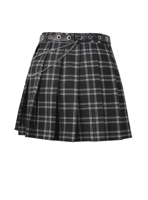 Star Embroidery Metal Eyelets Belt Chain Black Punk Pleated Grid Skirt