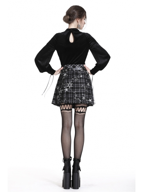 Star Embroidery Metal Eyelets Belt Chain Black Punk Pleated Grid Skirt