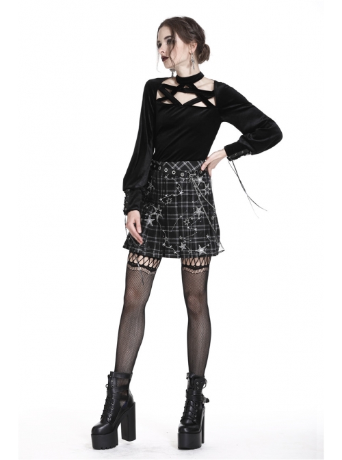 Star Embroidery Metal Eyelets Belt Chain Black Punk Pleated Grid Skirt