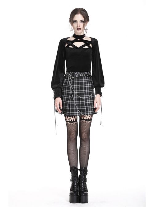 Star Embroidery Metal Eyelets Belt Chain Black Punk Pleated Grid Skirt