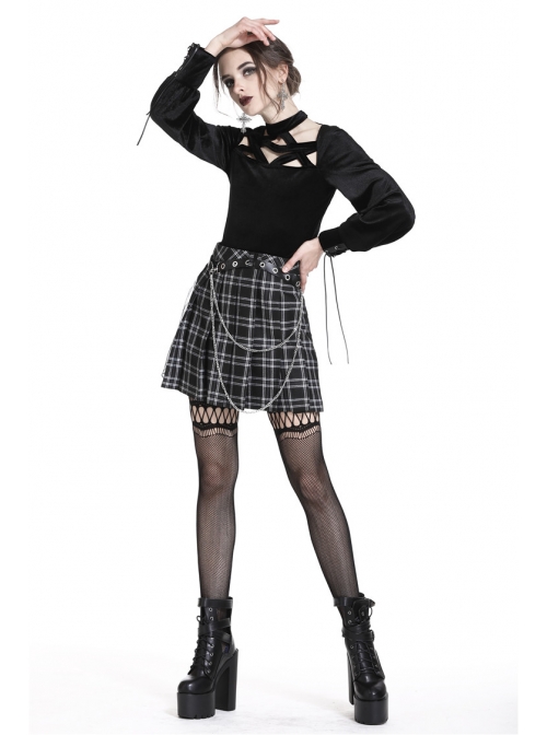 Star Embroidery Metal Eyelets Belt Chain Black Punk Pleated Grid Skirt