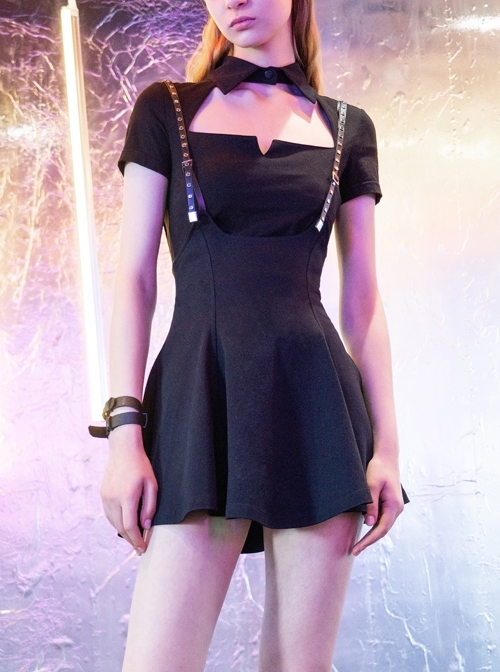 Steam Punk Female Black High Waist Buckle Strap Pleated Skirt