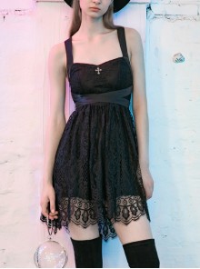 Steam Punk Female Black Lace Mesh Stitching Strap Dress