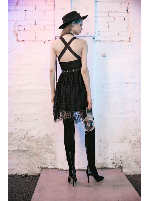 Steam Punk Female Black Lace Mesh Stitching Strap Dress