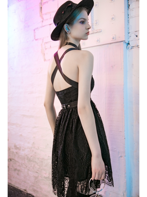 Steam Punk Female Black Lace Mesh Stitching Strap Dress