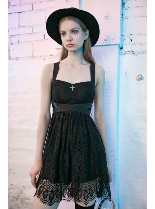 Steam Punk Female Black Lace Mesh Stitching Strap Dress
