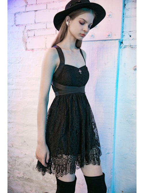 Steam Punk Female Black Lace Mesh Stitching Strap Dress