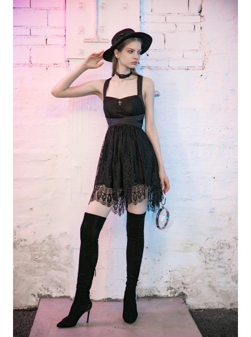Steam Punk Female Black Lace Mesh Stitching Strap Dress