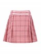 Steam Punk Female Pink White Lattice PU Leather Belt Metal Pendant Pleated Skirt