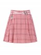 Steam Punk Female Pink White Lattice PU Leather Belt Metal Pendant Pleated Skirt