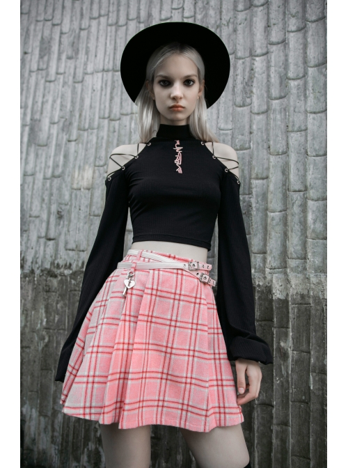 Steam Punk Female Pink White Lattice PU Leather Belt Metal Pendant Pleated Skirt