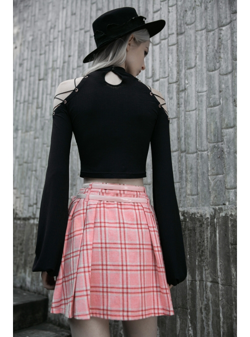 Steam Punk Female Pink White Lattice PU Leather Belt Metal Pendant Pleated Skirt
