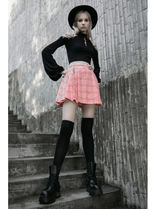 Steam Punk Female Pink White Lattice PU Leather Belt Metal Pendant Pleated Skirt