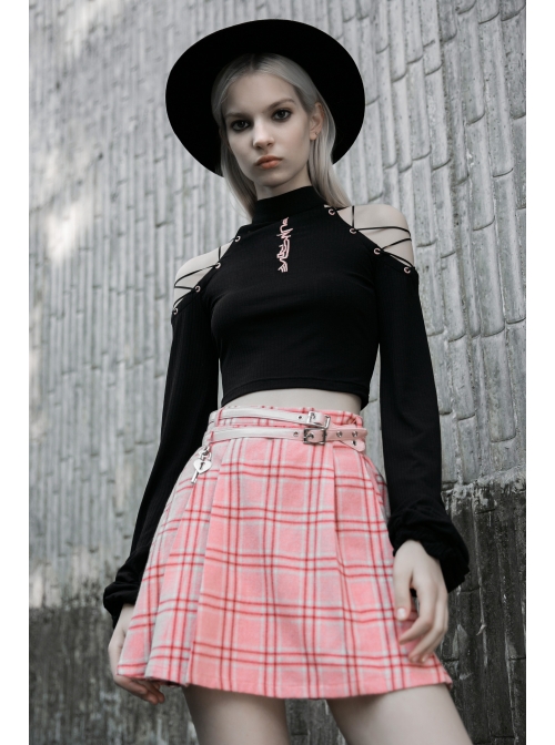 Steam Punk Female Pink White Lattice PU Leather Belt Metal Pendant Pleated Skirt