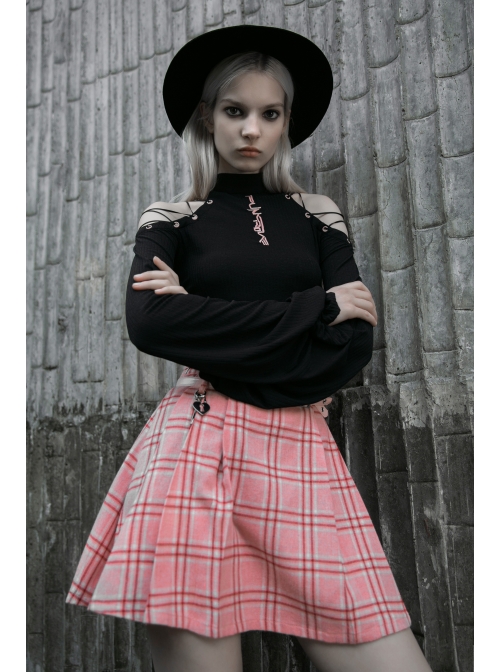 Steam Punk Female Pink White Lattice PU Leather Belt Metal Pendant Pleated Skirt