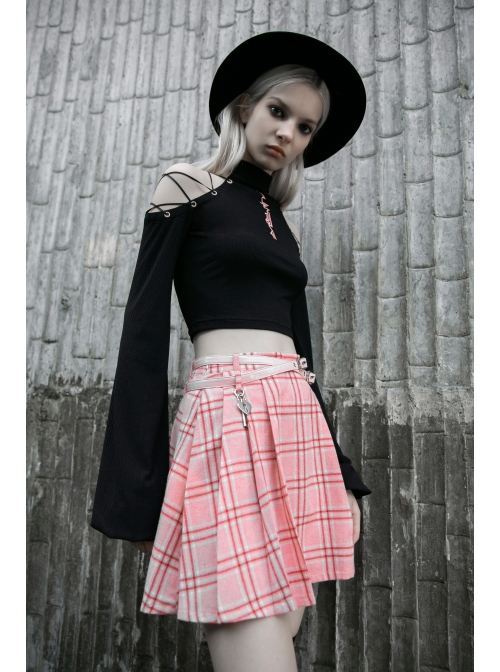 Steam Punk Female Pink White Lattice PU Leather Belt Metal Pendant Pleated Skirt