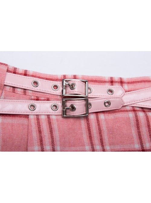 Steam Punk Female Pink White Lattice PU Leather Belt Metal Pendant Pleated Skirt