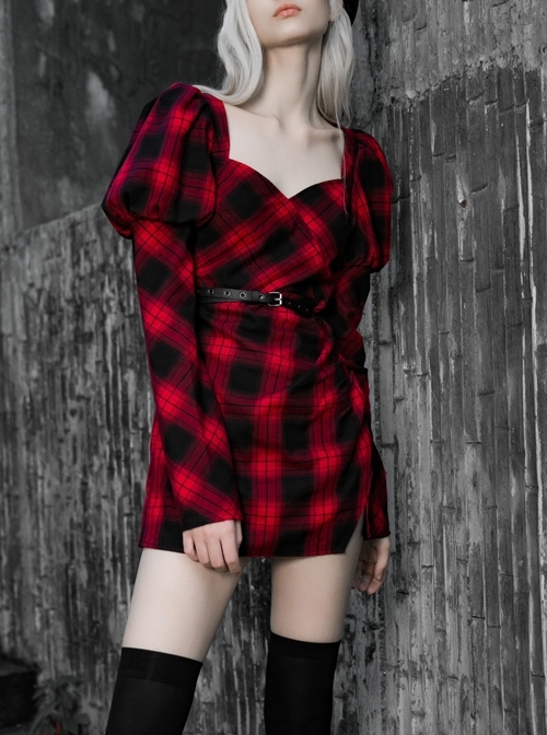 Steam Punk Female Black Red Lattice High Waist Long Sleeve Belted Dress