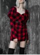 Steam Punk Female Black Red Lattice High Waist Long Sleeve Belted Dress