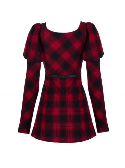 Steam Punk Female Black Red Lattice High Waist Long Sleeve Belted Dress