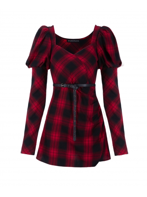 Steam Punk Female Black Red Lattice High Waist Long Sleeve Belted Dress