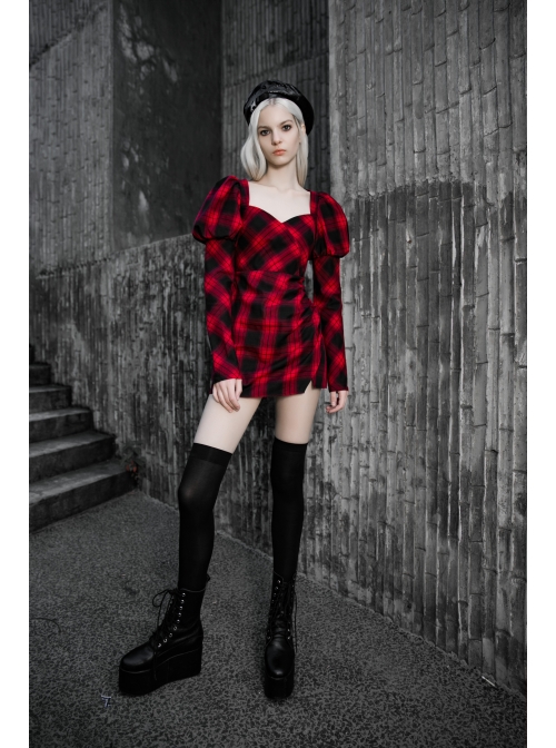 Steam Punk Female Black Red Lattice High Waist Long Sleeve Belted Dress