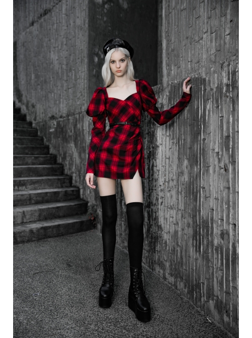 Steam Punk Female Black Red Lattice High Waist Long Sleeve Belted Dress