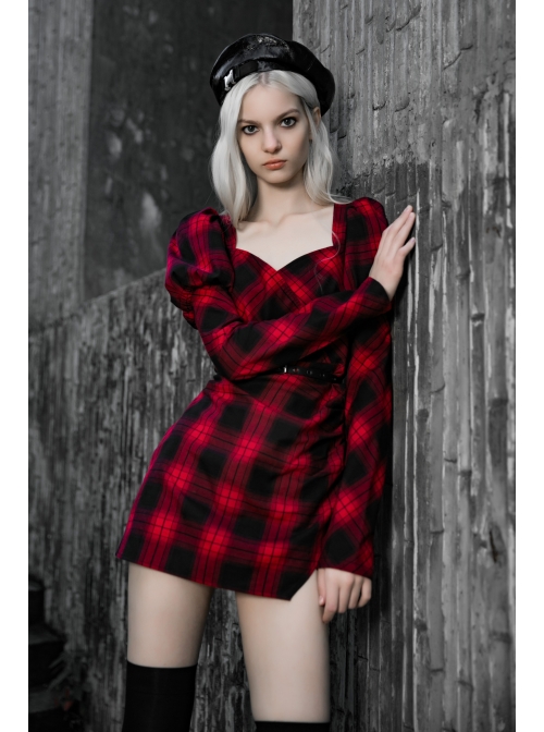 Steam Punk Female Black Red Lattice High Waist Long Sleeve Belted Dress
